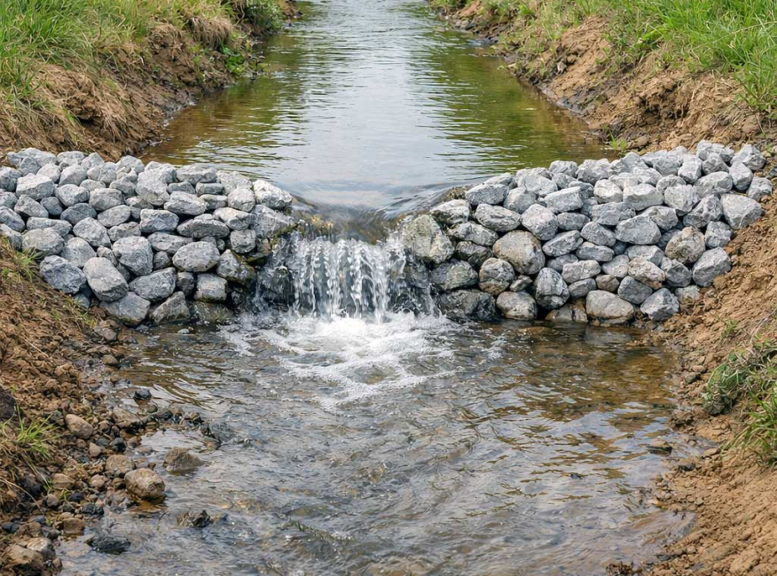 Riprap check dam holding back water in a flooded ditch.