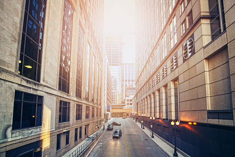Photo of a city street with not trees or vegetation.