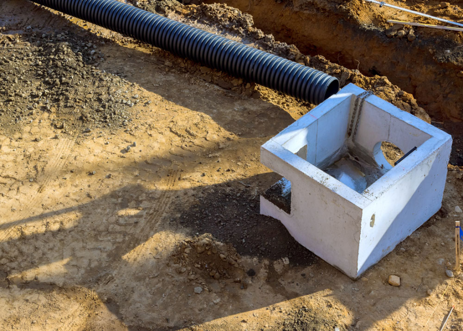 Concrete catch basin being installed with culvert pipe.