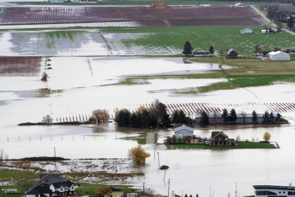 Aerial view of flooded farm fields.