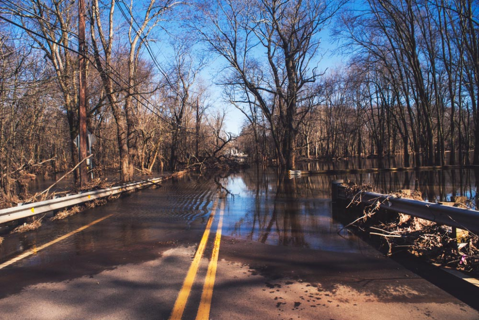 A flooded road with a fallen tree after the storm.
