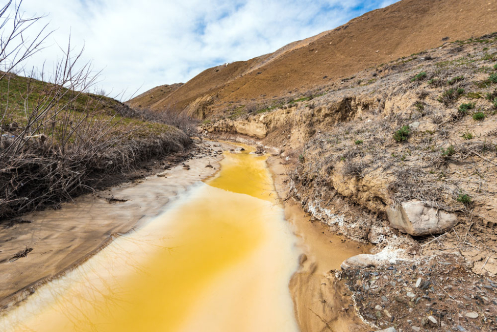 Polluted stream with toxic yellow discoloration.