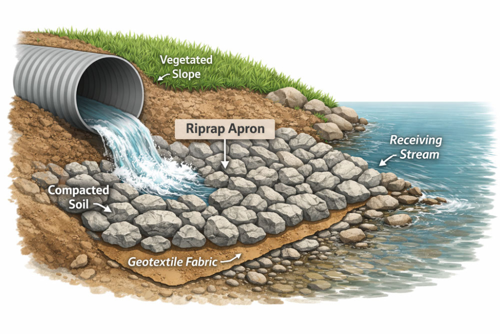 Illustration of a rirpap stormwater apron at culvert outlet.