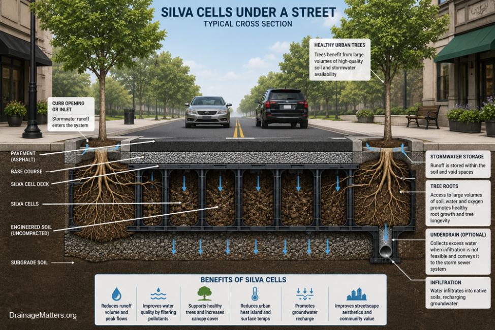 An illustration of a cross section view of a silva cell-type installation under a city street.