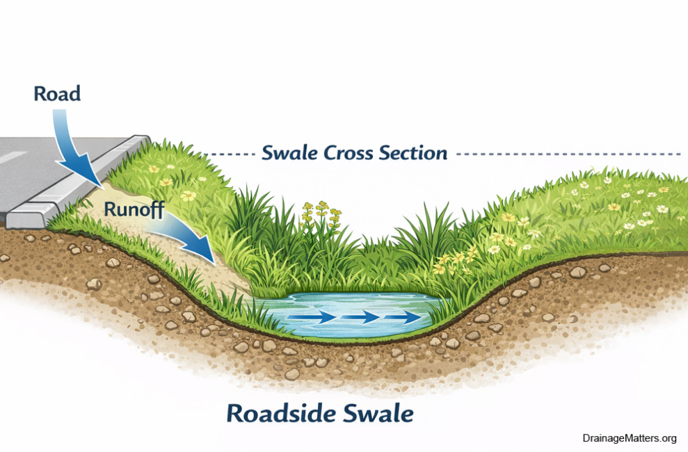 Cross section diagram of a vegetated swale.