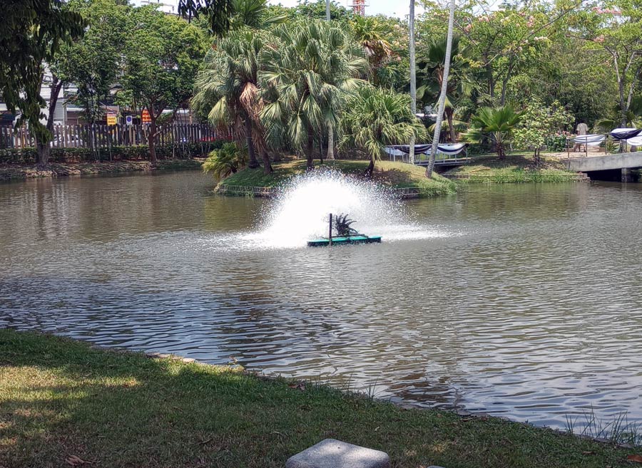 A paddlewheel aerator tossing pond water in the air in city park.